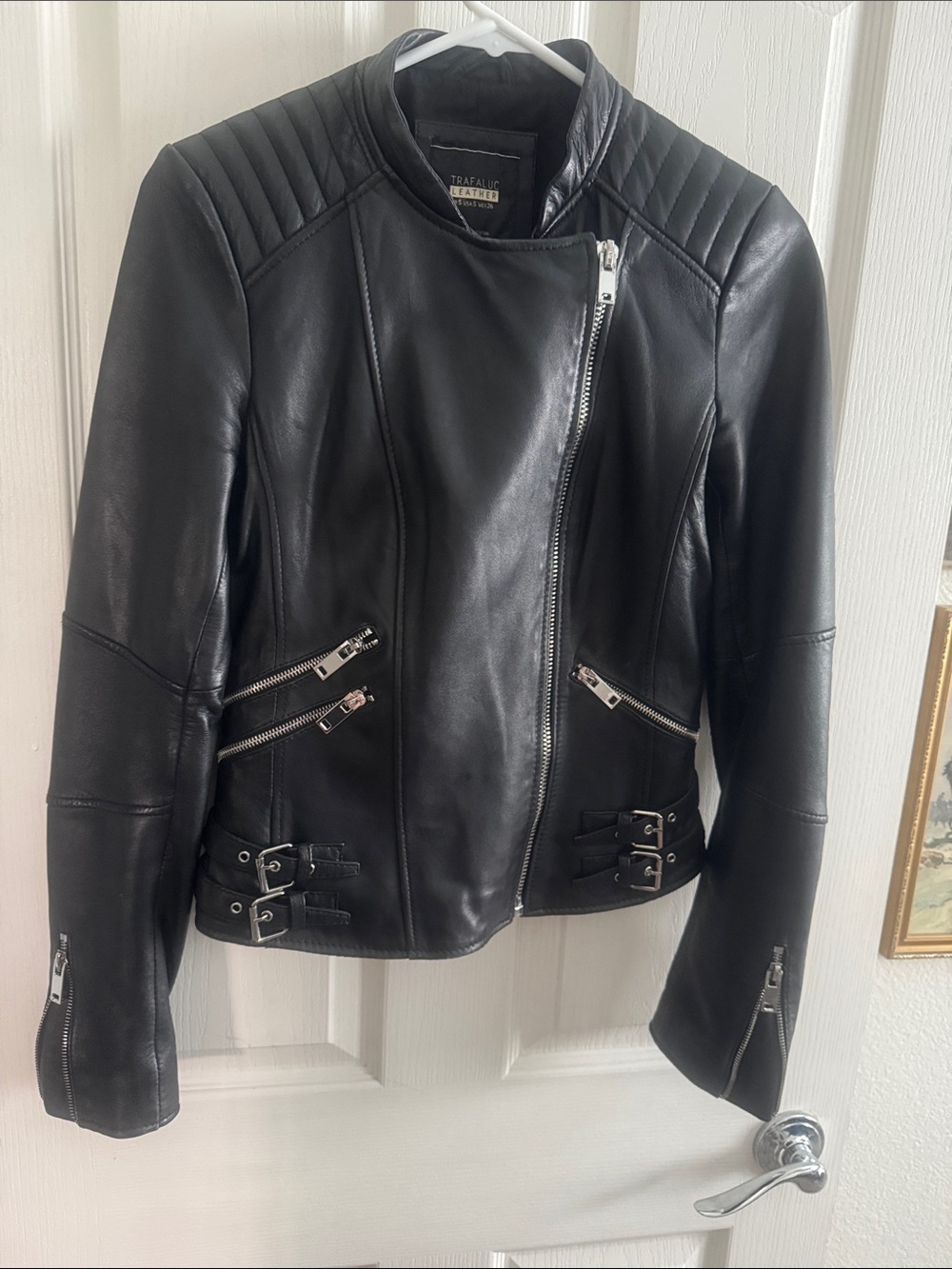 Zara Black Quilted-Shoulder Leather Moto Jacket